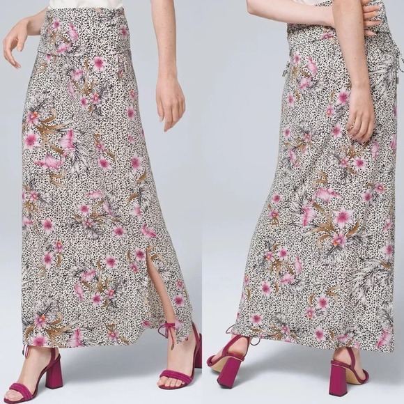 WHBM Strapless Convertible Matte Jersey Dress Maxi Skirt Sunset Floral Animal - Picture 1 of 16